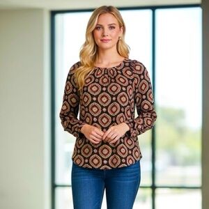 LOFT Ruffle Shoulder Bar Back Blouse Top Orange Red Black Fall Womens Size Large